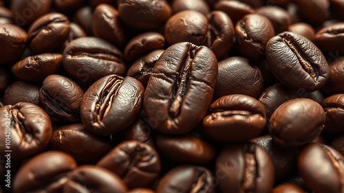 Warm, aromatic coffee beans are showcased in radiant detail, their rich brown color and subtle oil slicks invitingly photo