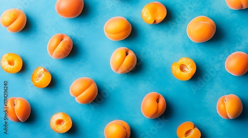 Whole and Sliced Apricots on a Blue Background