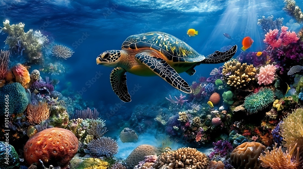 Sea Turtle Swimming Through Vibrant Coral Reef Sea Turtle Swimming Through Vibrant Coral Reef
