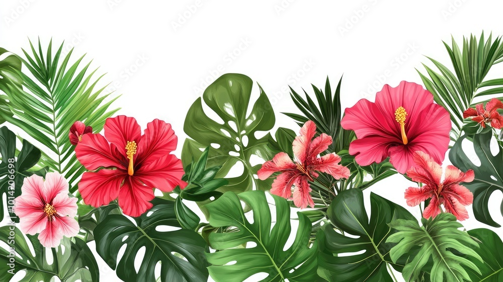 Obraz premium A seamless border of vibrant pink and red hibiscus flowers with lush green tropical leaves on a white background.