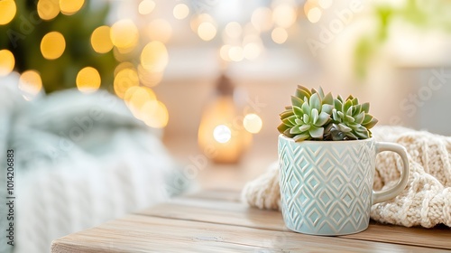 A cozy indoor scene featuring a succulent plant in a decorative mug, accented by soft textures and warm, glowing lights in the background.