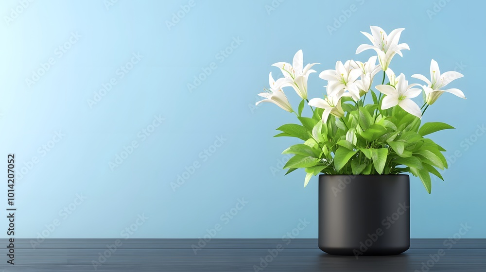 A black pot holds a vibrant arrangement of white flowers against a light blue background, creating a fresh and modern aesthetic. A black pot holds a vibrant arrangement of white flowers against a light blue background, creating a fresh and modern aesthetic.