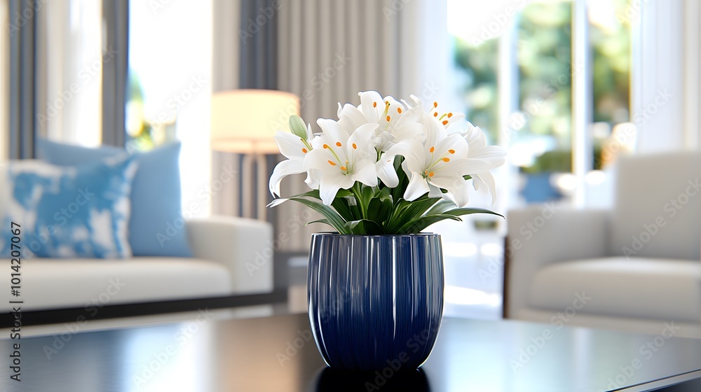 A beautiful white flower arrangement in a blue vase adds elegance to a modern living room with cozy furniture and natural light. A beautiful white flower arrangement in a blue vase adds elegance to a modern living room with cozy furniture and natural light.