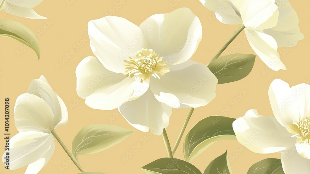 Obraz premium A seamless pattern of white flowers with green leaves on a light yellow background.