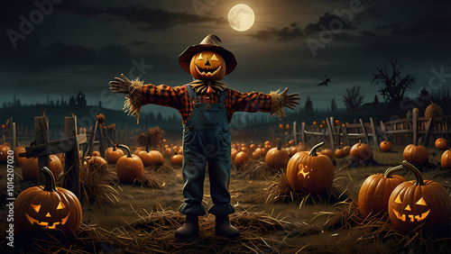 a scarecrow with a pumpkin head, dressed in tattered, spooky clothing, standing in a field at night photo