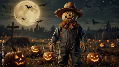 a scarecrow with a pumpkin head, dressed in tattered, spooky clothing, standing in a field at night photo