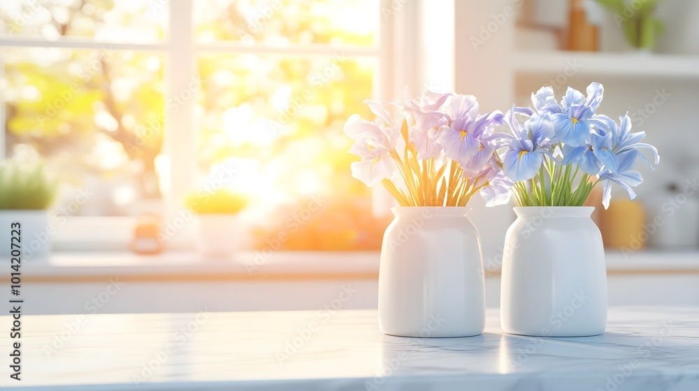 Brightly lit kitchen scene with two white vases holding blooming blue flowers, enhancing the fresh and serene atmosphere of the space. Brightly lit kitchen scene with two white vases holding blooming blue flowers, enhancing the fresh and serene atmosphere of the space.
