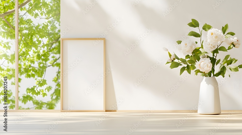 A serene interior scene featuring a blank frame beside a vase of white flowers, illuminated by soft natural light through a window. A serene interior scene featuring a blank frame beside a vase of white flowers, illuminated by soft natural light through a window.