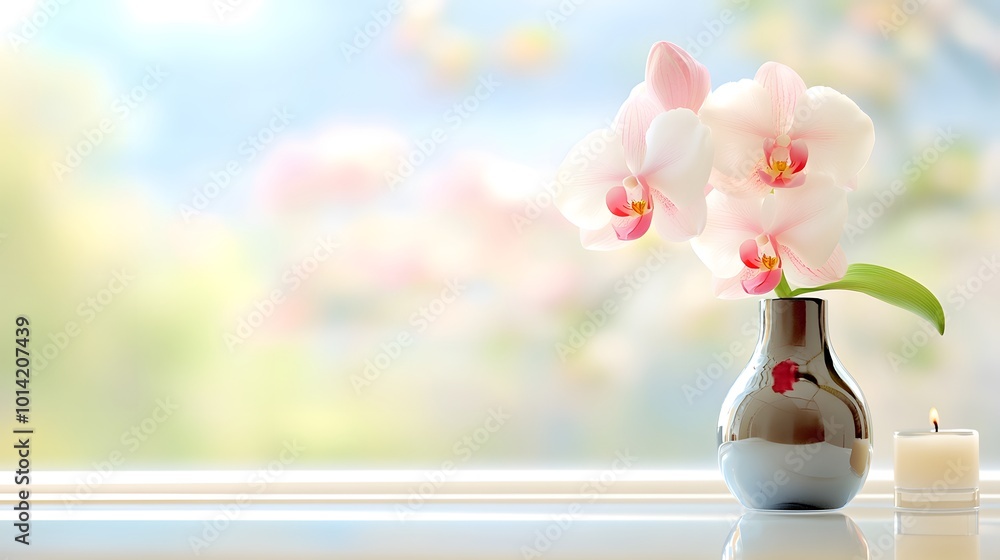 A delicate arrangement of pink orchids in a ceramic vase, positioned by a sunny window, enhancing the tranquil and serene indoor atmosphere. A delicate arrangement of pink orchids in a ceramic vase, positioned by a sunny window, enhancing the tranquil and serene indoor atmosphere.