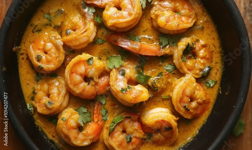 Close-up of shrimp in a creamy yellow sauce with parsley garnish in a black skillet.