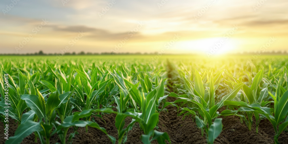 Obraz premium A sunlit field of young green crops, stretching towards the horizon, showcases the beauty of agriculture at sunrise.