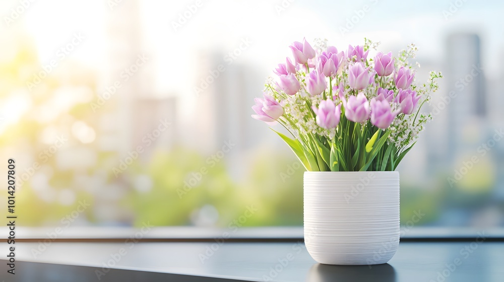 A vibrant bouquet of pink flowers in a stylish pot, set against a sunlit urban backdrop, creating a cheerful atmosphere. A vibrant bouquet of pink flowers in a stylish pot, set against a sunlit urban backdrop, creating a cheerful atmosphere.