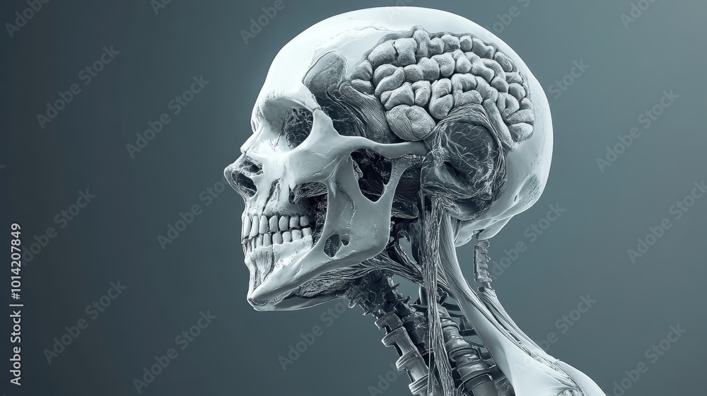 Medical scan of head, detailed cranial anatomy, 3D illustration Medical scan of head, detailed cranial anatomy, 3D illustration