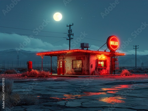 Retro Gas Station in the Desert Under a Full Moon photo