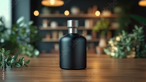 A sleek black bottle on a wooden table, surrounded by greenery.