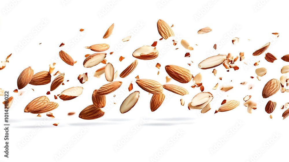 Flying Almonds and Almond Pieces Isolated on White Background Flying Almonds and Almond Pieces Isolated on White Background