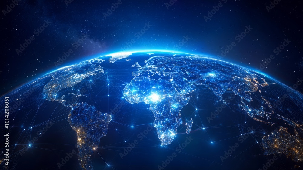 Obraz premium World map from space, network connections illuminated across the globe. Global trade and finance system concept generative ai