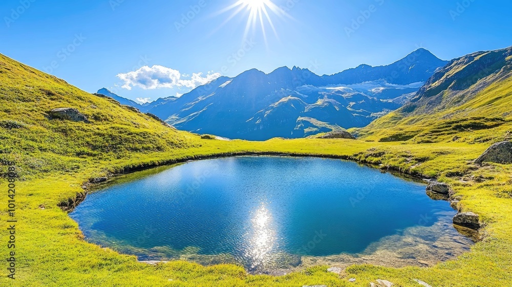Obraz premium A serene mountain lake with crystal clear water reflects the sun on a bright, sunny day, surrounded by green grass and towering mountains.