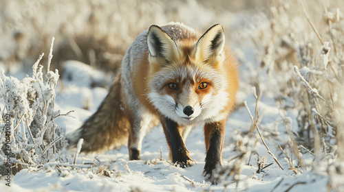 A red fox sneaking through a snowy landscape