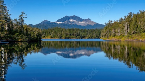 A serene mountain lake with a perfect reflection of the peak in the still water. The water is a deep blue, and the sky is a clear blue. The trees lining the lake are green and lush.