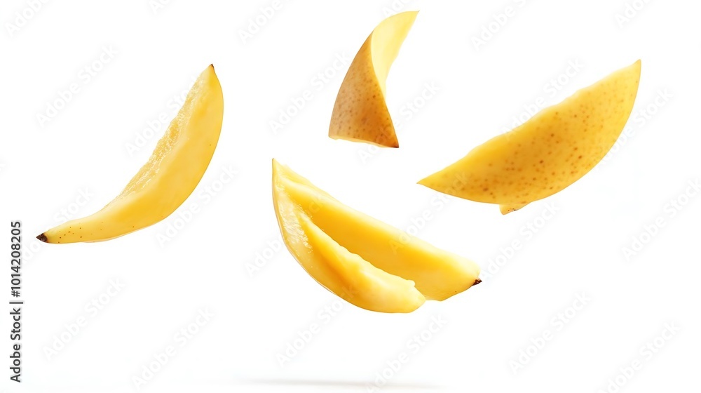 Fresh Yellow Mango Slices Falling in Air White Background Fresh Yellow Mango Slices Falling in Air White Background