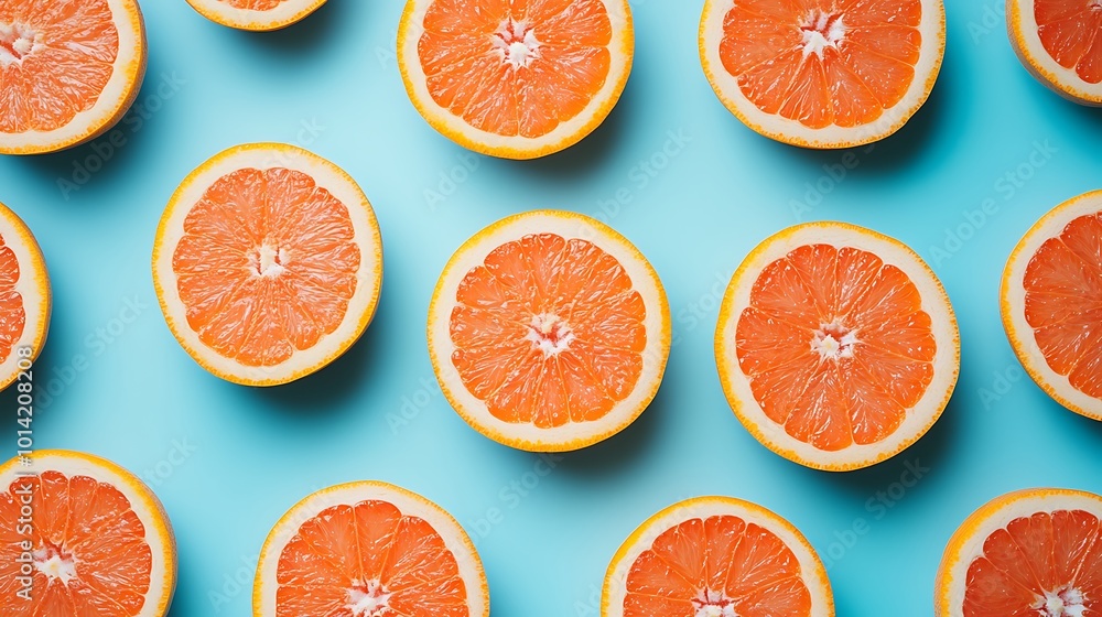 Halved Grapefruits Arranged in a Pattern on Blue Background Halved Grapefruits Arranged in a Pattern on Blue Background