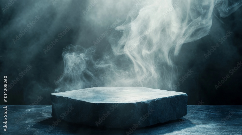 Mystical stone platform with swirling mist and dramatic lighting Mystical stone platform with swirling mist and dramatic lighting