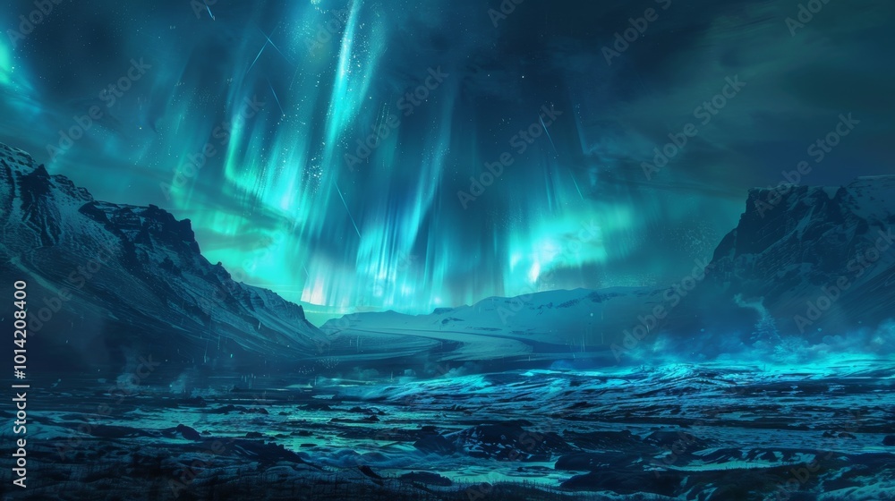 Naklejka premium Mesmerizing Aurora Borealis Lights Reflecting on Frozen Lake in Snowy Mountain Landscape