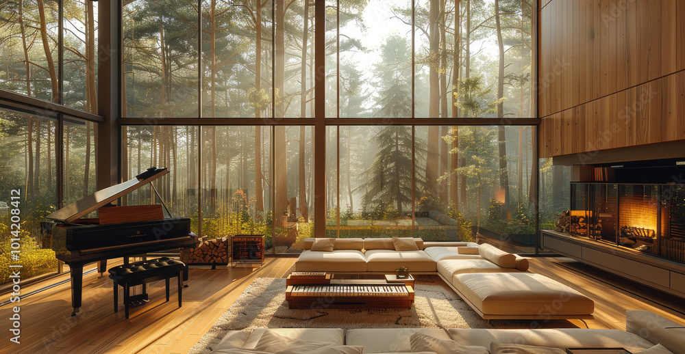 A cozy living room with large glass windows, with a fireplace a small piano next to it. The room has an interior in a style close to nature and wood. A cozy living room with large glass windows, with a fireplace a small piano next to it. The room has an interior in a style close to nature and wood.