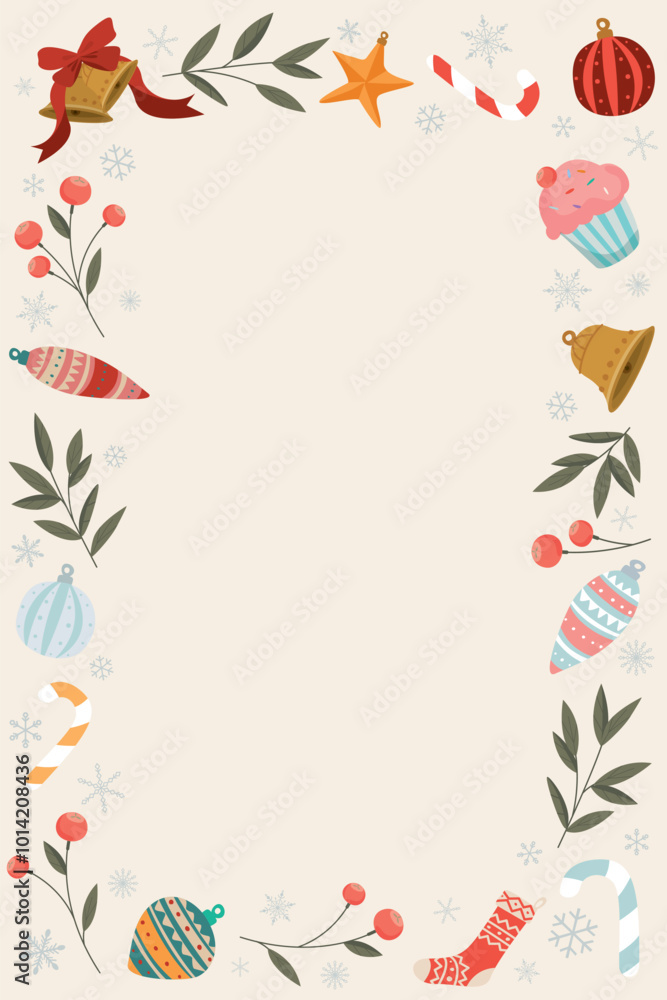 Christmas elements doodle line childish style as a frame on old paper background graphic illustration. Merry Christmas greeting card vertical template. Christmas elements doodle line childish style as a frame on old paper background graphic illustration. Merry Christmas greeting card vertical template.