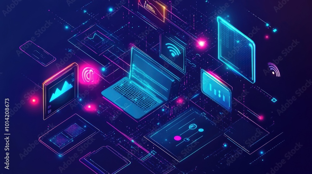 Network flat design top view theme information technology water color vivid