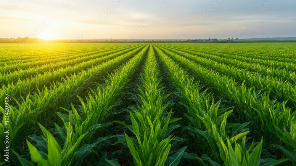 A lush green cornfield stretches into the horizon at sunrise, showcasing neatly aligned rows under a clear, serene sky. A lush green cornfield stretches into the horizon at sunrise, showcasing neatly aligned rows under a clear, serene sky.