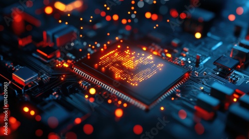 Close-up of a glowing microchip on a circuit board, high-tech background.