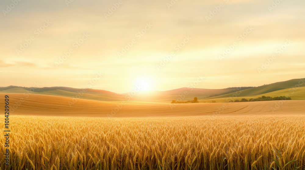 Golden wheat fields stretch into the distance, bathed in the warm glow of a setting sun, creating a serene and picturesque rural landscape. Golden wheat fields stretch into the distance, bathed in the warm glow of a setting sun, creating a serene and picturesque rural landscape.