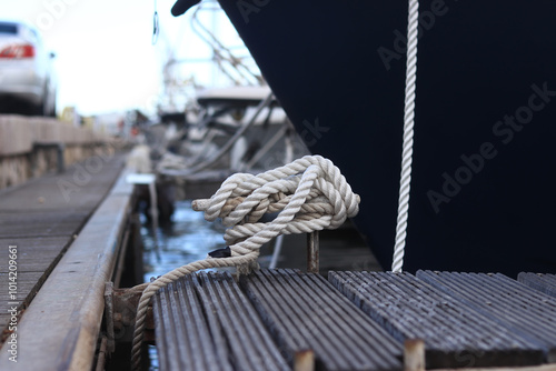 Obraz na plátne Mooring post, a mooring knot on a yacht pier