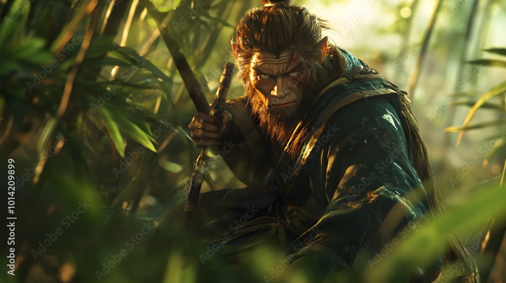 Wukong concealed in the forest with a focused gaze on approaching enemies Wukong concealed in the forest with a focused gaze on approaching enemies