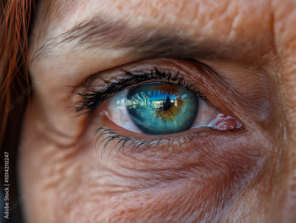 A close up of a woman's blue eye with red hair A close up of a woman's blue eye with red hair