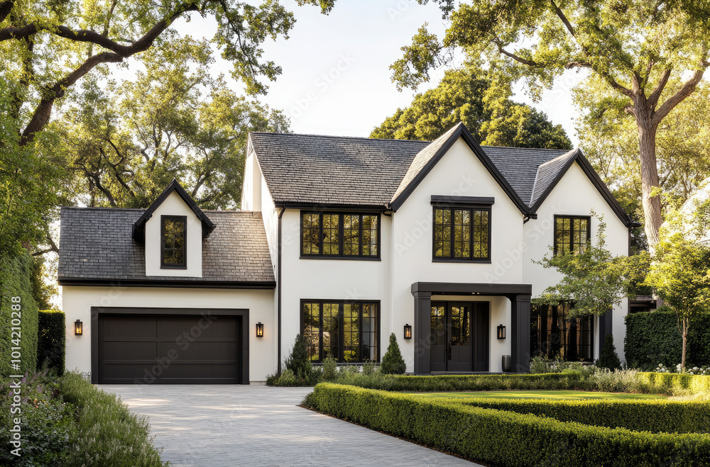 a modern farmhouse-style home with a white exterior, black trim, and dark roof shingles. a modern farmhouse-style home with a white exterior, black trim, and dark roof shingles.