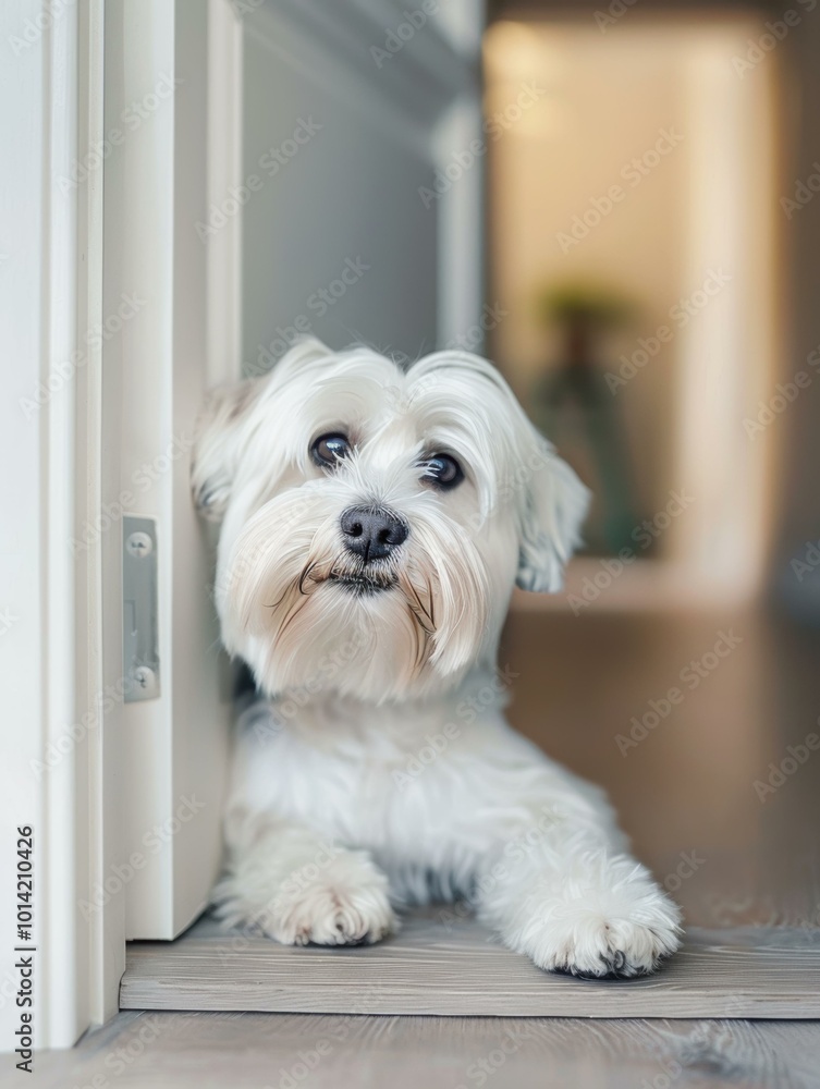 A white maltese dog looking up with curious eyes. AI. A white maltese dog looking up with curious eyes. AI.