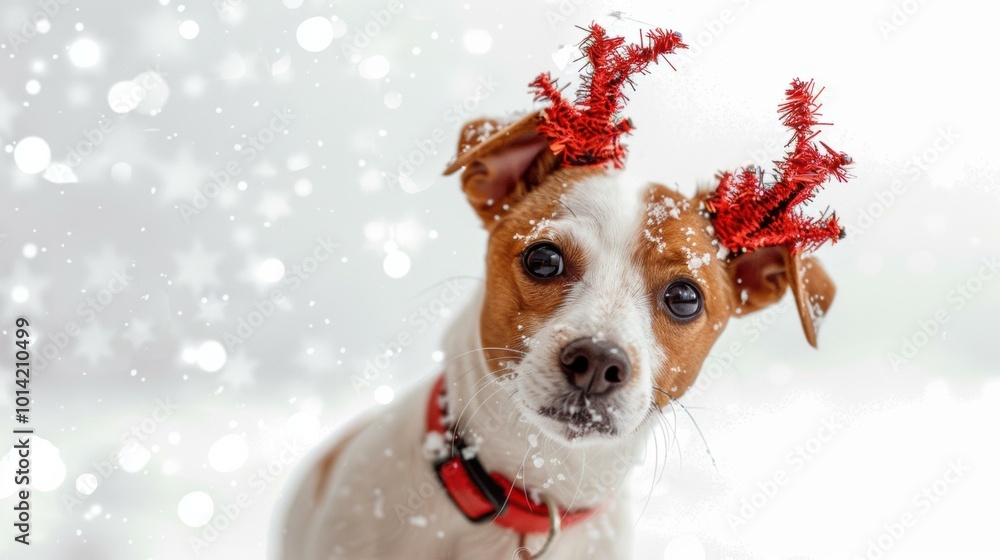 A dog wearing reindeer antlers in the snow. AI. A dog wearing reindeer antlers in the snow. AI.