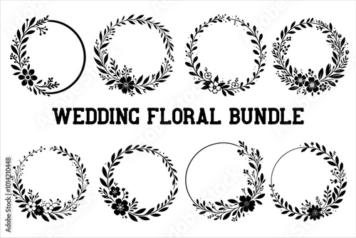 Floral round frames and plant silhouette Bundle for wedding. Frame Wedding Flower set on white background.