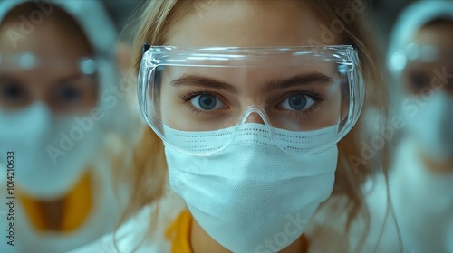 A woman wearing a face mask and goggles in a laboratory