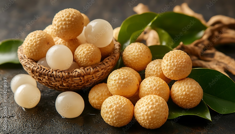 Close-up of Longan Fruit with Leaves and Wicker Basket Close-up of Longan Fruit with Leaves and Wicker Basket