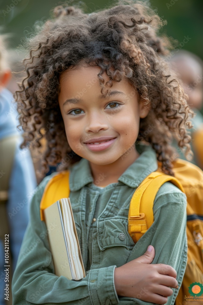 Portrait of a smiling young girl with curly hair, wearing a green shirt and yellow backpack. AI. Portrait of a smiling young girl with curly hair, wearing a green shirt and yellow backpack. AI.