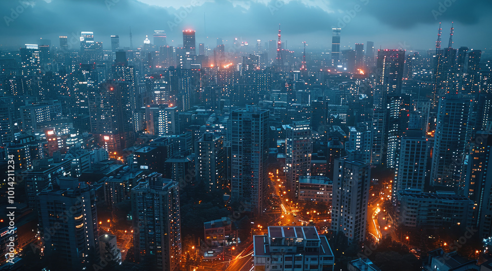 A city buildings view, there are a lot of lights. A city buildings view, there are a lot of lights.