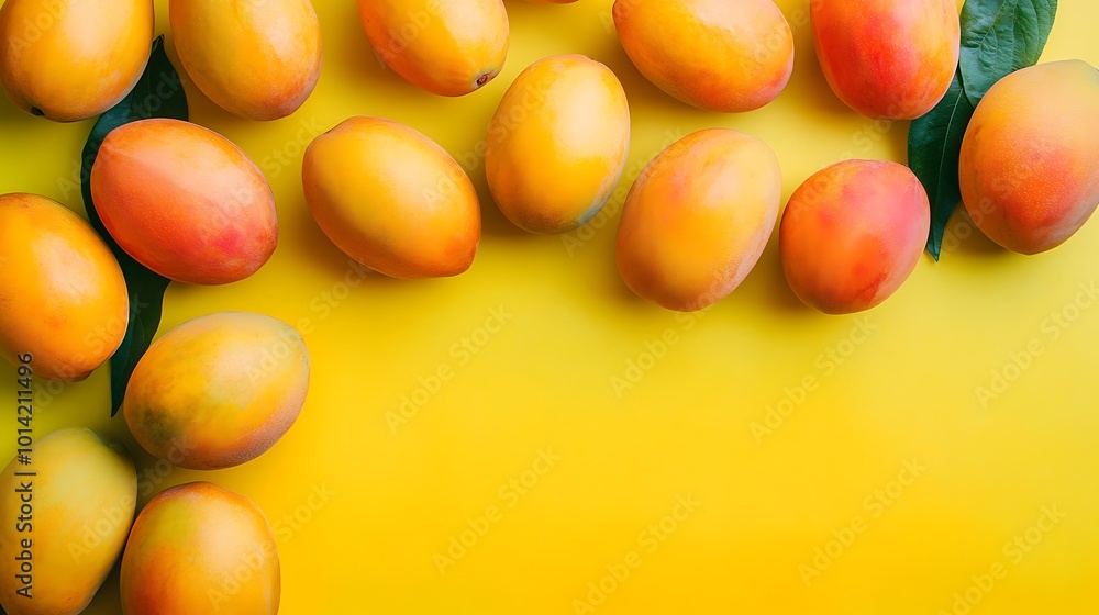 Ripe Mangoes and Leaves on a Yellow Background Ripe Mangoes and Leaves on a Yellow Background