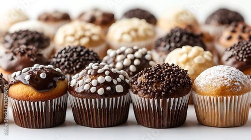 A close-up of assorted chocolate and vanilla cupcakes