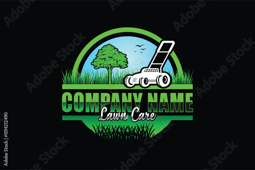 Illustration vector graphic of lawn care with Lawn mower home service black background, landscape, grass concept logo design template	 photo