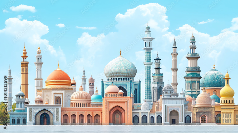 Obraz premium Cultural Architecture, a series of buildings representing different cultures, showcasing their unique designs, with copy space, World Architecture Day