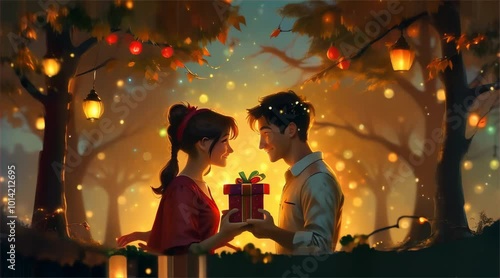 romantic interaction between two lovers surrounded by warm lights, exchanging gifts in magical setting. scene is filled with love and joy, creating heartwarming atmosphere.